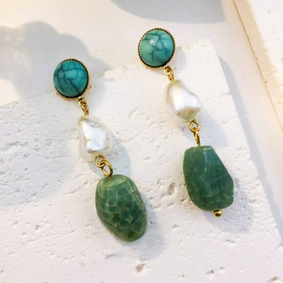 14K Gold Womens Hanging Drop Pearl Turquoise & Jade Earrings 14 K Silver Jewelry - Picture 2 of 5